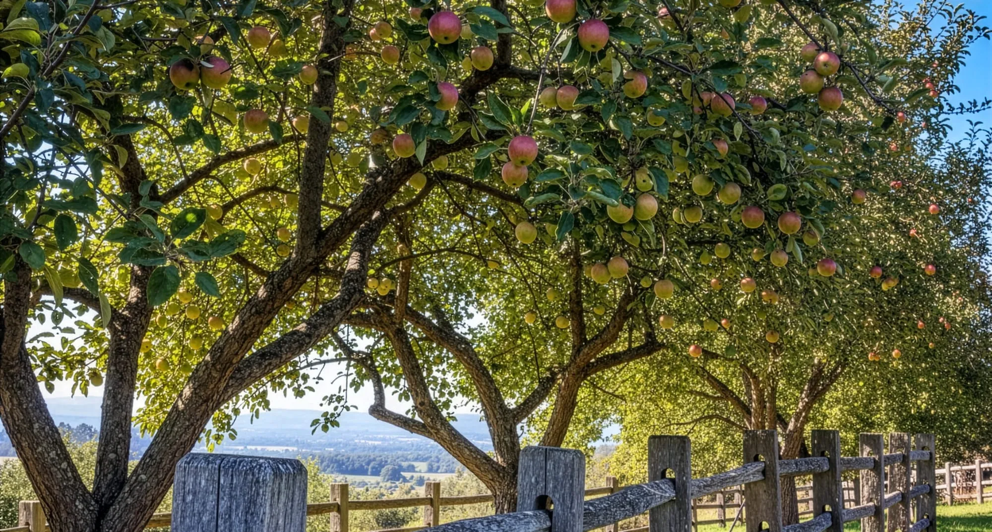Backyard apple trees along a split-rail fence in Milwaukie, Oregon